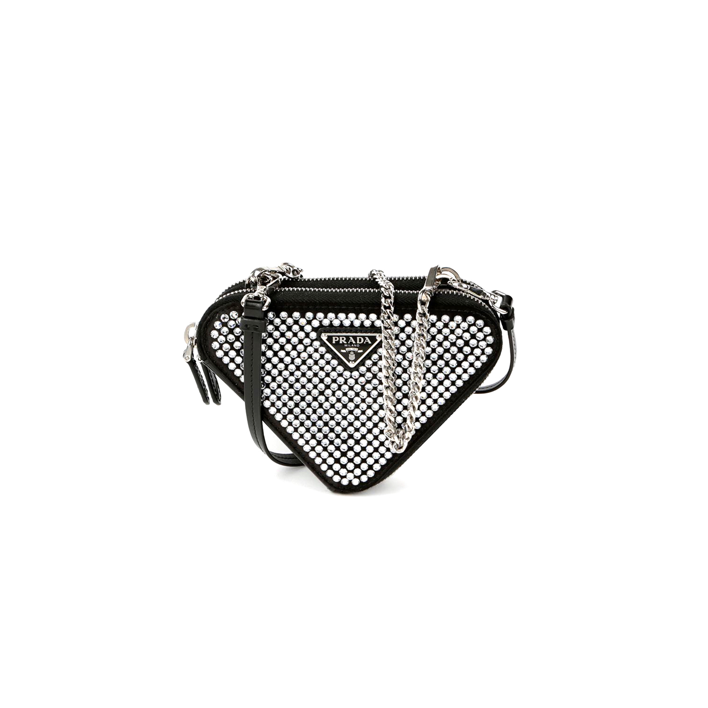 PRADA TRIANGULAR EMBELLISHED SATIN AND LEATHER MINI-POUCH 1NR015 (15*15*10cm) PRADA TRIANGULAR EMBELLISHED SATIN AND LEATHER MINI-POUCH 1NR015 (15*15*10cm)